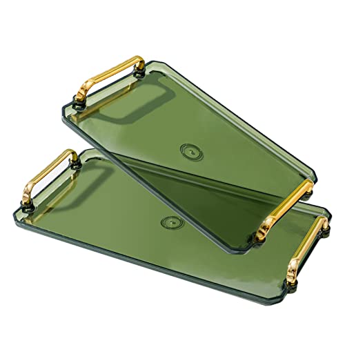 Ismosm 2 Pack Small And Large Serving Tray With Handles Clear Jewelry Tray Valet Tray Plastic Serving Tray For Party, Kitchen, Bathroom, Dessert Table, Cupcake Display (Dark Green) #TOP6