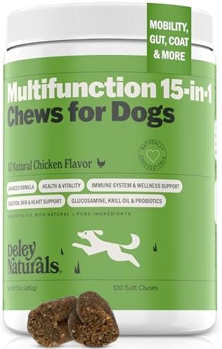 Deley Naturals 15 in 1 Dog Multivitamin Treats, 120 Grain Free Soft Chews – Immune System, Skin & Coat, Joint Support & Digestion – Vitamins for Dogs of All Ages – Made in USA – Chicken Flavor