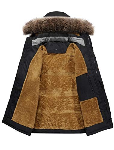 FTCayanz Herren Warme Winterjacke Parka Lang Wintermantel Mit Kunstfell Kapuze Outdoor Gefütterte Steppjacke Jacke Schwarz XL