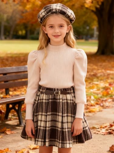 Image of Toddler Girl Outfits Puff Sleeve Ribbed Shirt Knitted Tops Pleated Plaid Skirt Set with Hat 3Pcs Fall Winter Clothes