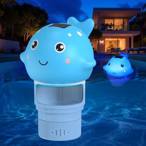Blufree Pool Chlorine Floater, Solar Whale Chlorine Tablet Floater w/Light, Adjustable Release & Large Capacity Fits 3 inch Tabs Floating Chlorines Dispenser for Pool, Hot Tub Spa Party (White, 9.1in)