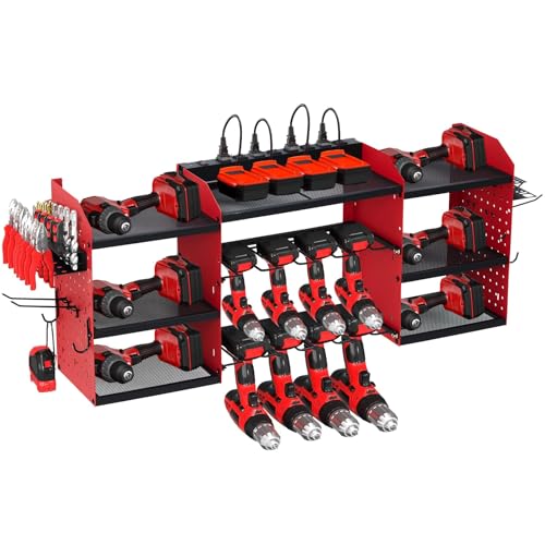 GAOMON Wall Mount Power Tool Organizer, Heavy Duty 3-Layer Storage Rack with Built-in Charging Station, 8-Outlet Power Strip, 4 Drill Holders & Hooks, Garage Workshop Tool Storage Shelf for Shed