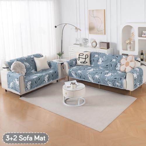Image of HOKIPO Reversible Quilted Sofa Cover 3 Seater and 2 Seater Set, 5 Seater(3+2) Sofa Cover, Easy Drape Series, Blue Blossom (IN-1101 + IN-1100-ED1)