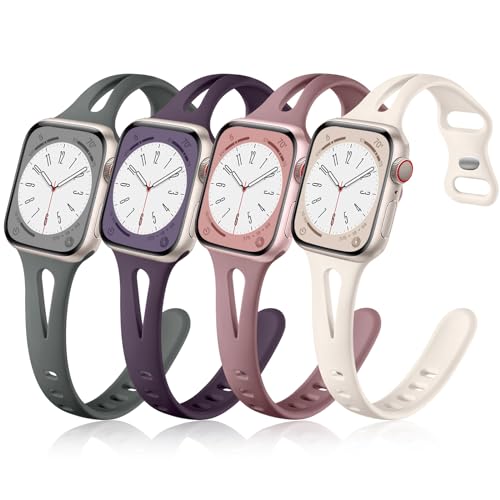 Image of Getino Compatible with Apple Watch Band 42mm 44mm 45mm 46mm 49mm iWatch SE Ultra Series 11 10 9 8 7 6 5 4 3 2 1 Women, Silicone Slim Sport iWatch Bands, Starlight /Cherry Purple /Smoke Purple /Dark Grey