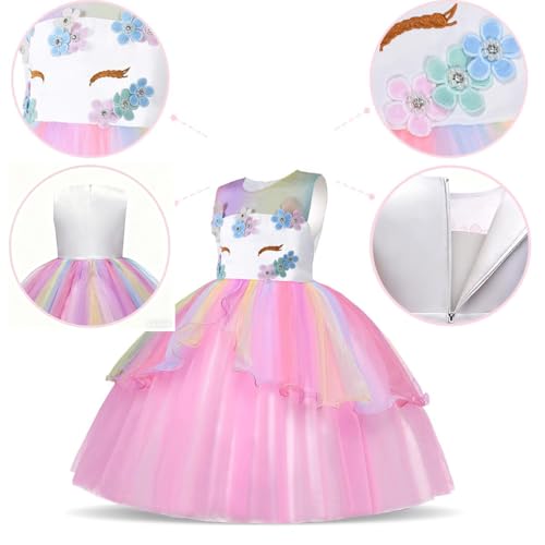 Uraqt Ragazza Vestito Unicorno, Ruffles Fiori Festa Cosplay Abito Da Sposa Carnevale Ballo Abito Festa Di Compleanno Vestito Della Principessa Per Bambine,140Cm - 6