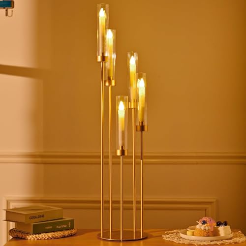10PCS Gold Floor Candelabra,5 Arm Candle Holder Tall Floor Candle Holder with Acrylic Lampshade for Wedding Table Birthday Party Home Decoration Fit LED Taper Candles by Fullvaseer - Image 8