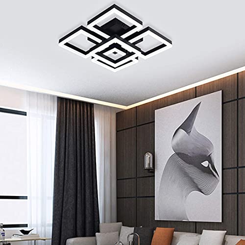 Modern Led Ceiling Light, Garwarm Black Flush Mount Light Fixtures,64W Ceiling Lamp For Living Room Bedroom Dining Room, 5 Square Metal Acrylic Surface Mount Chandelier Cool White 6000K #TOP7