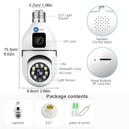 Maizic Smarthome Ultra Convenient Indian Bulb Holder Indoor Security HD 5MP CCTV WiFi Bulb Camera w/PTZ Upto 128GB SD Card Support, Color Night Vision, Two-Way Audio (Dual Camera) 2 419ie6CaY3L