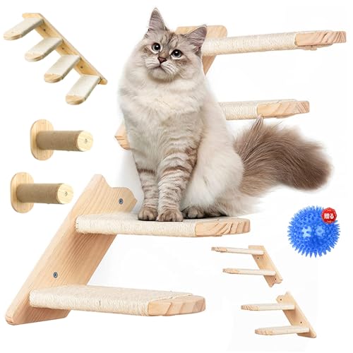キャットステップ 壁 猫 階段 壁掛け 猫用ステップ ペット 階段 滑り止め 猫 家具 ステップ 壁付け キャットタワー 木製 麻紐滑り止め付き 取り付け簡単 猫の遊び場づくり 省スペース ペット用品 (B#)