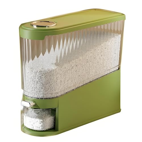 米びつ 計量カップ付き 密閉 ライスディスペンサー, 20kg容量, 防虫・防湿機能, 自動スイッチ, コーヒー豆・粉末対応, キッチン収納容器 (グリーン 5kg)