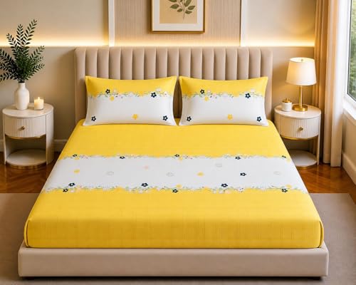 Image of Castiqa Elastic Fitted Supersoft Premium Brushed Cotton 200TC Double Bedsheets King Size 78x72 Inch with 2 Pillow Covers (Fits Upto Mattress of 10 Inches) (Yellow Dotted)