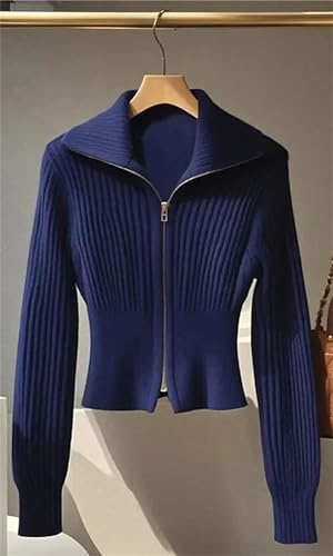 Womens Chic Zipper Cardigan Sweater Long Sleeve Knitted Jacket Fashion Slim Fit Turn-Down Collar Outerwear3