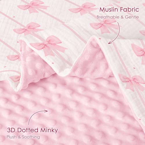 Image of SANDJEST Pink Bow Minky Muslin & Dotted Blanket 30x40 in Gift for Holiday, Gender Reveal Party, Hospital Visit, Baptism