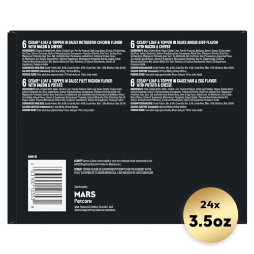 Image of Cesar Loaf in Sauce Wet Dog Food Rotisserie Chicken,Filet Mignon,Angus Beef,and Ham & Egg Flavors Variety Pack,Wet Food for Dogs,3.5 oz Easy Peel Trays,24 Count (Pack of 2)