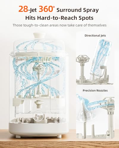 Image of KISSBOBO Baby Bottle Washer, Sterilizer and Dryer 28 Nozzles with 360 Omni-Directional Spray, 72-Hour Clean Storage, Dual-Layer Adjustable Rack for Multiple Bottle Sizes with 60Pcs Detergent Tablets