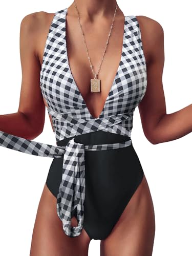 Image of Lilosy Sexy Tie Criss Cross Plunge One Piece Thong Swimsuit High Cut Brazilian Bathing Suit
