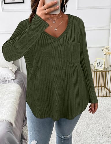 Image of Koscacy Women Plus Size Casual Knit Sweater with Pocket V Neck Solid Color Tops Lightweight Long Sleeve Blouses