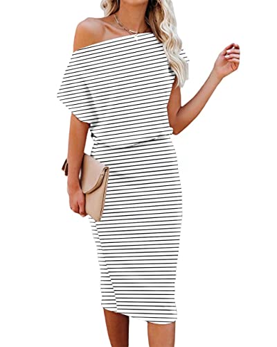 Image of EZBELLE Women's Summer Dress Off The Shoulder Short Sleeve Ribbed Casual Party Bodycon Midi Dresses
