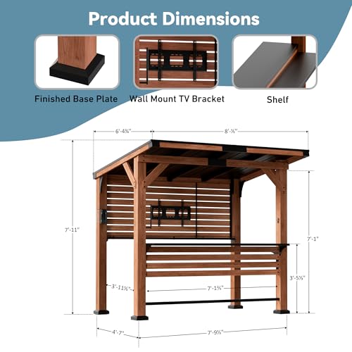 Big Leaf Cedar Wood Entertainment Bar Center, Grill Gazebo with Shelves & Paper Towel Holder, Grill Pavilion Wooden Gazebo Featuring TV Mount and Power Strip for Patio or Garden Use - Image 8