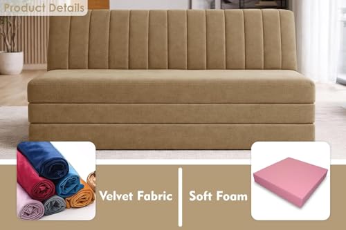 Image of Three-Seater Floor Sofa Bed Modern Velvet Fabric Folding Couch for Living Room, Guest Room & Small Spaces-Golden