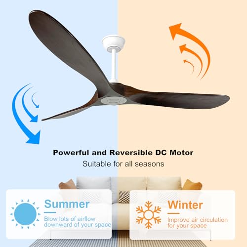 Image of 60 inch Ceiling Fan without Light,3 Solid Wood Blades Dark Walnut Finished,Outdoor Ceiling Fan for Living Room,Patio,Porch(White+Dark Walnut)
