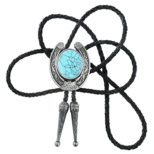 Image of GelConnie Bolo Tie for Men Women Western Cowboy Turquoise Leather Necktie | Natural Stone Bolo Tie Necklace for Women Rodeo Cowboy Leather Necktie Native American Western Cowgirl Ties Adjustable Cord