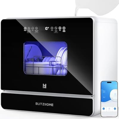 BLITZHOME WiFi Countertop Portable Mini Dishwasher, Smart 9 Programs,167? High-Temp, Hot Air Drying, Air Refresh, 360° 3 Spray, 24H Timing, LED Light, 5.2L Built-in Water Tank for Apartments RVs
