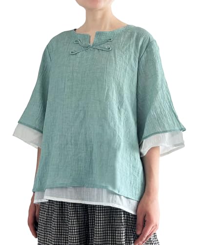 Minibee Women's Cotton Linen Shirts Summer 3/4 Length Sleeve Tops Chinese Frog Casual Blouse