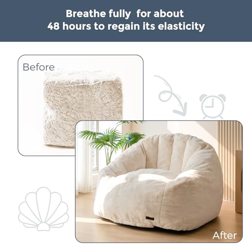 Image of MAXYOYO Giant Bean Bag Chair, Oversized Bean Bag Couch for Adults and Kids, Faux Fur Shell-Shaped Large Chair with Filler, Stuffed Big Accent Sofa Lounge Floor Sofa for Reading, Beige, Standard