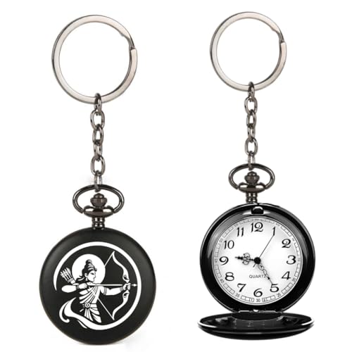 Image of Vintage Gandhi Style Pocket Watch with Engraved Designs & Messages Royal Black Analog for Men Women & Kids Includes Key Ring for car or Bike Keys Ideal Gift