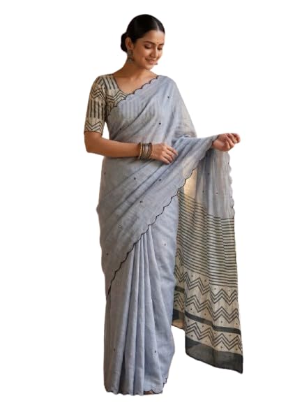 Image of Linen Cotton Saree with Black Mirror Work | New