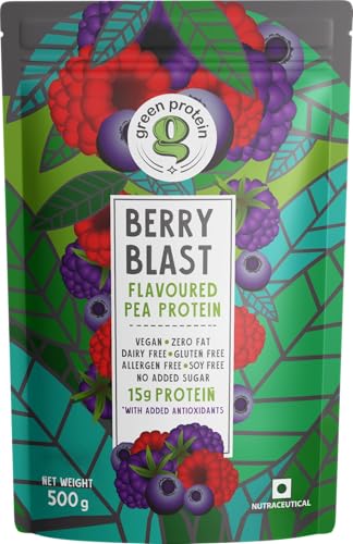 Image of GREEN PROTEIN Plant Protein Isolate Powder, Plant Protein, No Added Sugar, 100% Soy Free, Dairy Free, Gluten Free, Allergen Free, Berry Blast Flavor, 15g Protein Per Serving, Pouch (500g)
