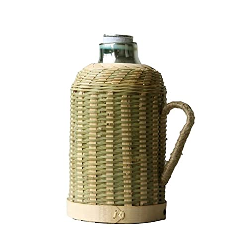Handmade Bamboo Weaving Thermos Pot Bottle for Water with Cork Lid Cover and Handgrip Vacuum Flask Keep Warm Glass Inner Large (Bamboo Green Shell)