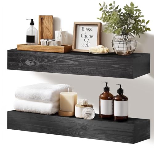 YLYHSST Estantes flotantes de 17 x 3 x 7 pulgadas montados en la pared, juego de 2 estantes de pared de madera maciza rústica negra, estantes de almacenamiento decorativos resistentes para sala de