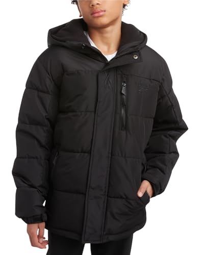 Reebok Boys Puffer Jacket - Heavyweight Quilted Wind & Water Resistant Boys Winter Coat - Fleece Insulated Kids Winter Jacket, Size 10-12, Jet Black