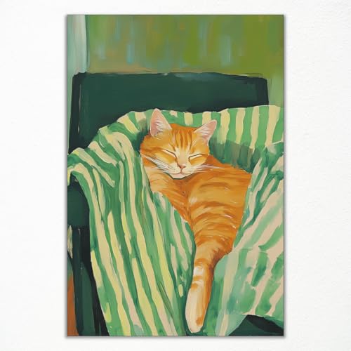 Funny Cat Canvas Wall Art, Emerald Green and Orange Poster, Cat Sleeping on Couch Portrait Painting, Cute Stripe Kitten Art Print, Contemporary Animal Artwork for Bedroom Wall 8x12in Unframed