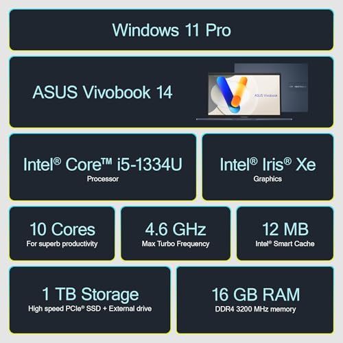Image of ASUS Vivobook Laptop Business Computer 2025-2026, Lifetime Microsoft Office, Copilot, 14 inch FHD Display, 10-Core Intel i5 CPU, 16GB RAM, 1TB Storage (512GB SSD + 500GB Ext), MarxsolAccessory, Win 11 Pro