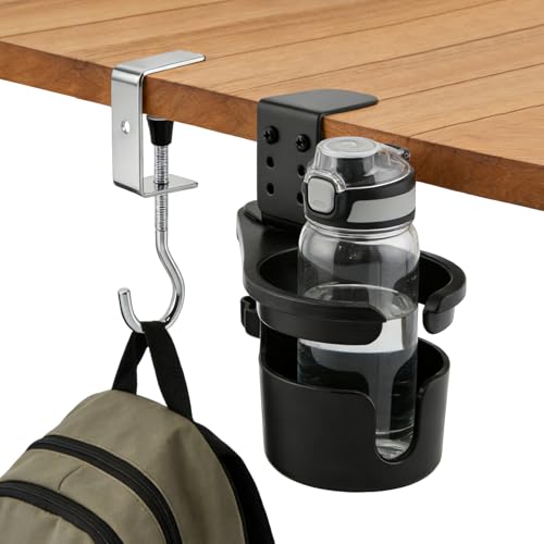 Upgraded Deeper Desk Cup Holder with 360° Rotation, Clamp Mount Design, Metal Office & PC Gaming Desk Accessories,Hidden Adjustable Drink Holder for Arm Chair,Coffee Cup