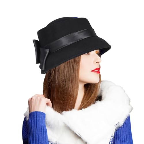 Sombrero vintage de lana para mujer con lazo de raso miniatura 1