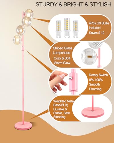 Image of Lightdot 64IN Dimmable Floor Lamp with Globe Clear Glass Shade, Modern Pink Standing Lamps with 4PCS 3000K Bulbs Included,LED Floor Lamp with 5Lbs Heavy Base for Living Room Bedroom / /Sofa Beside