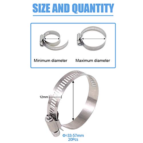 Glarks - Set of 20 Adjustable 304 Stainless Steel Worm Gear Hose Clamps 33-57mm Fuel Line Clamp for Water Pipe Plumbing, Application - Image 2