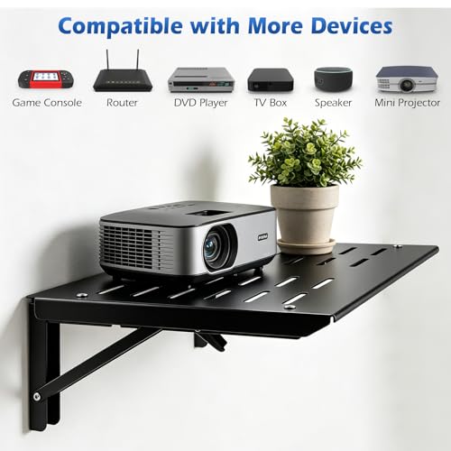 Patioer Folding Wall Mount Shelf, 16.9x11 Inch Metal Floating Shelf with Lip, Cable Hole and Ventilation Slots for Projector, Game Console, Router, DVD Player (Black) by Patioer - Used condition - Image 3
