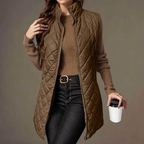 XOGWVJ Fuzzy Vest Women Long Puffer Vest Women Quilted Sleeveless Winter Coat Zip Up Mid Length Warm Jacket with Pockets Casual Fall Outerwear Brown L - image 3