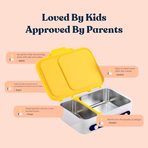 Image of rabitat Munchbee Pro Stainless Steel Kids Lunch Box 850ml- Food-Grade Steel Bento Tiffin | 2-Year Brand Warranty | Spill-Proof Flick-Lock | 3 Compartments, BPA-Free, School-Safe | Chatter Box