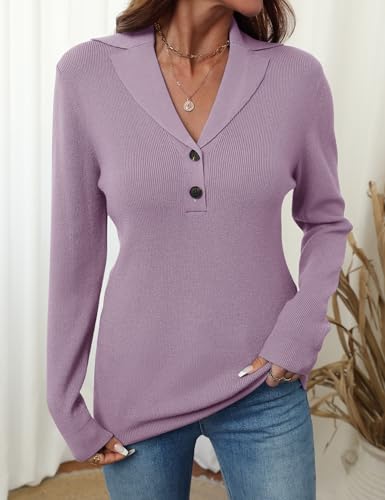 Image of LOMON Sweaters for Women 2025 Fall Knitted V-Neck Collared Button Pullover Dressy Casual Long Sleeve Polo Shirts Business