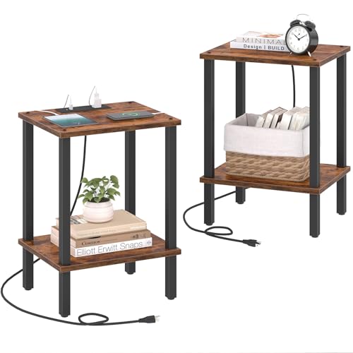 TUTOTAK End Table with Charging Station, Side Table with USB Ports and Outlets, Nightstand, 2-Tier Storage Shelf, Sofa Table for Small Space, 1 Package（2PCS） TB01BB041