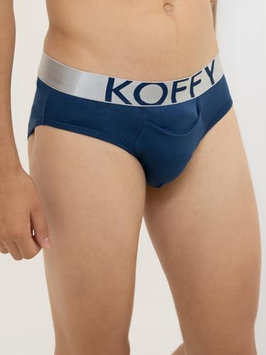 Image of KOFFY Men's Premium Cotton Lycra Brief with Minus Cutting Pouch| Silver Metallic Elastic| 4 Way Stretch| Wrinkle Free| Pack of 1