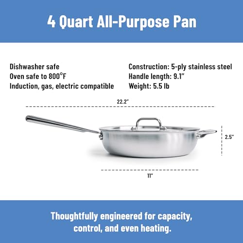 Image of Misen Stainless Steel Pan - Versatile Everyday Pan - Even Heating, Dishwasher-Safe, Oven-Safe, Works on All Stovetops