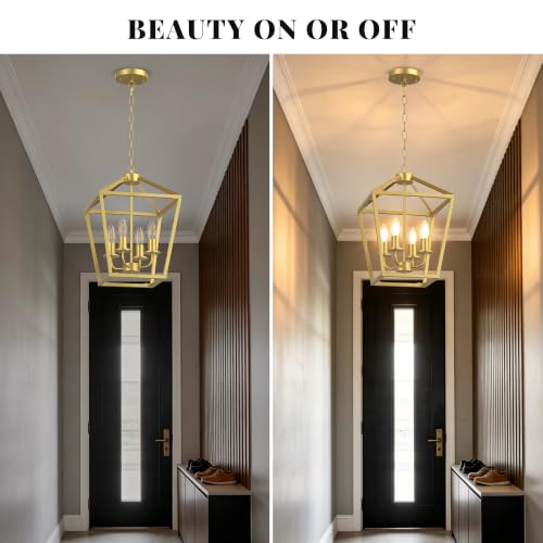 Image of 4 Light Gold Chandelier, Industrial Farmhouse Lantern Cage Ceiling Light, Adjustable Height Rustic Geometric Hanging Light for Kitchen Island, Dining Room, Entryway, Hall, Sloped Ceiling