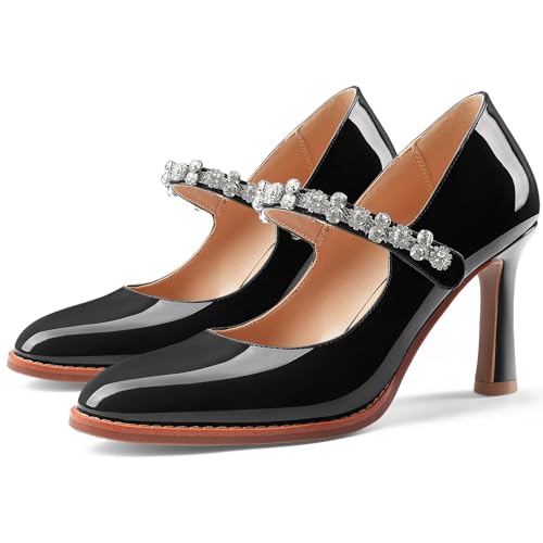 Oh Mispares Pointed Toe Heels for Women Mary Jane Stiletto Pumps Patent Leather Rhinestone Strap 3.5 Inch Dress Shoes for Wedding Party Prom New Parent3